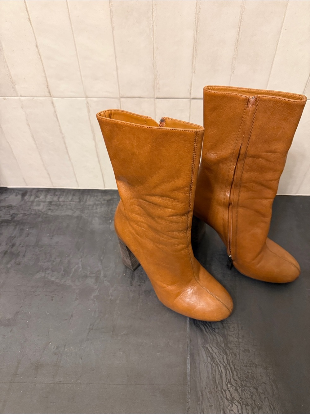 Chloe Cognac Leather Mid-Calf Heeled Boots